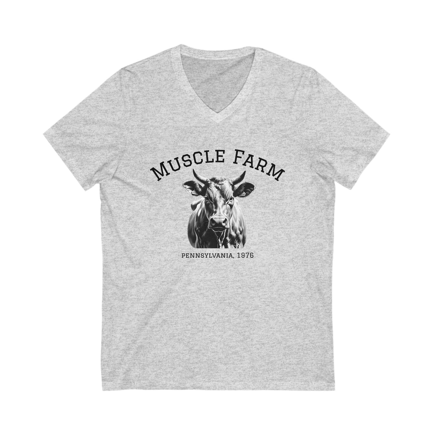 Muscle Farm Unisex V-Neck Tee | Cow Graphic Shirt, Built Not Bought Tee, Farm Life Apparel, Gift for Farmers, Rustic Casual Wear
