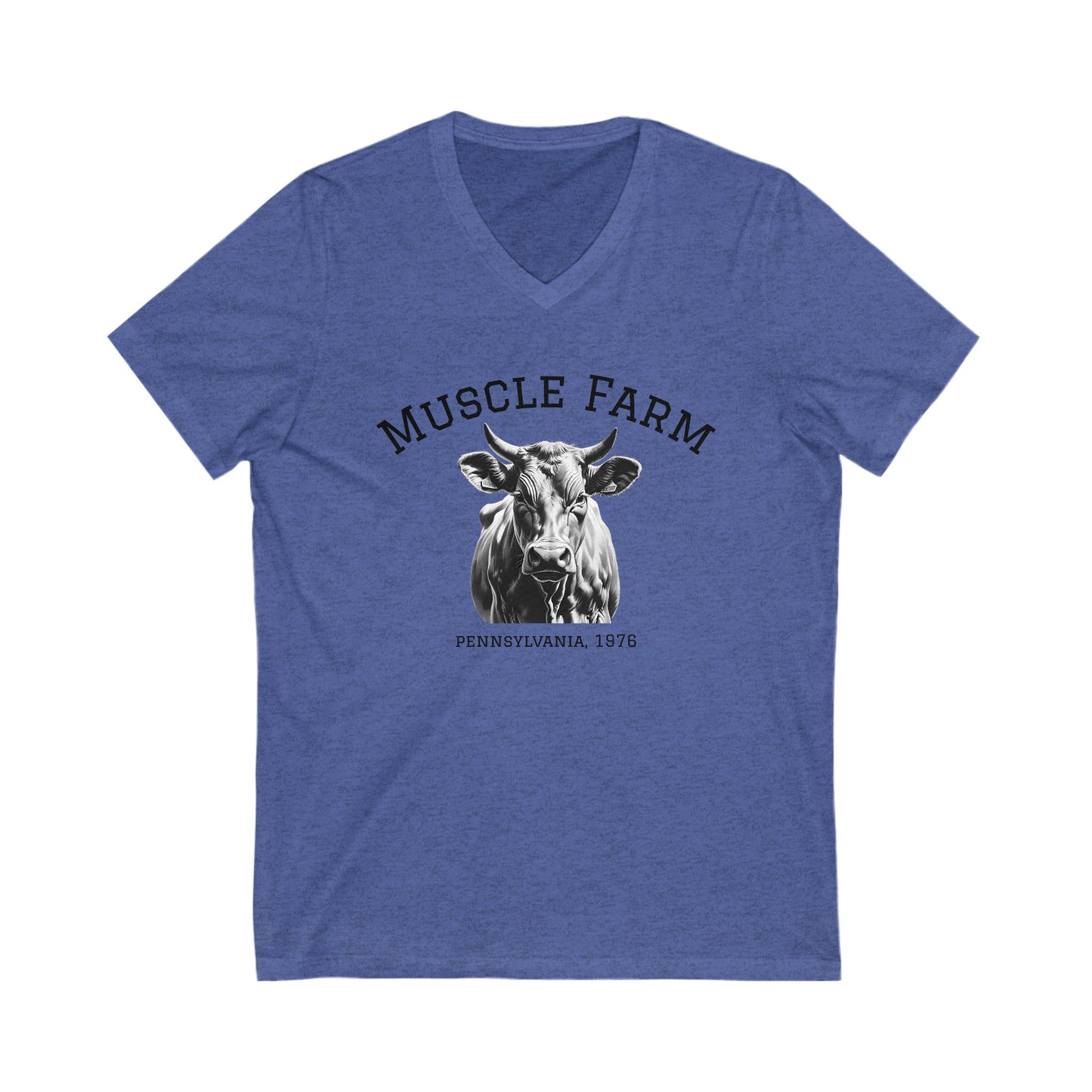 Muscle Farm Unisex V-Neck Tee | Cow Graphic Shirt, Built Not Bought Tee, Farm Life Apparel, Gift for Farmers, Rustic Casual Wear