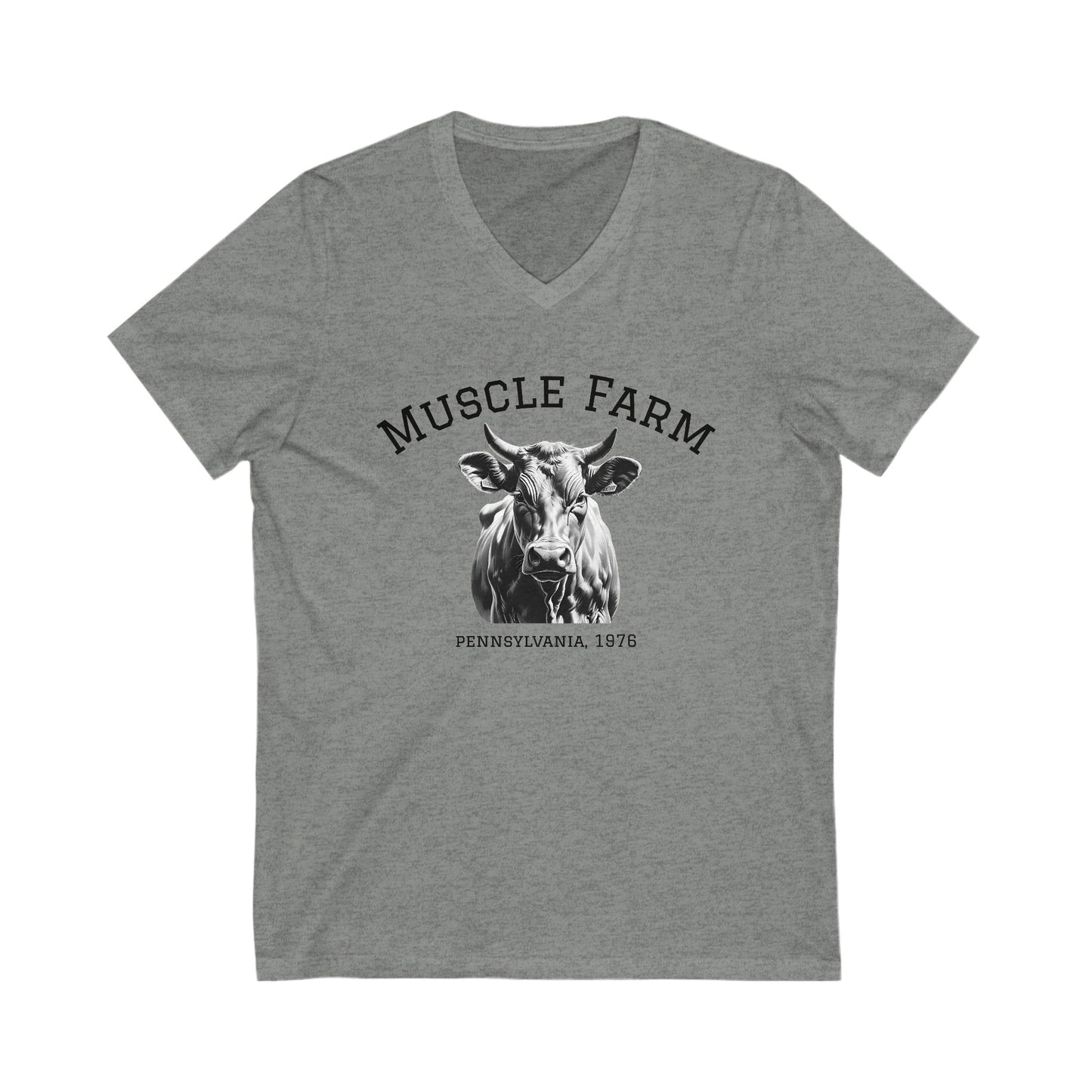Muscle Farm Unisex V-Neck Tee | Cow Graphic Shirt, Built Not Bought Tee, Farm Life Apparel, Gift for Farmers, Rustic Casual Wear