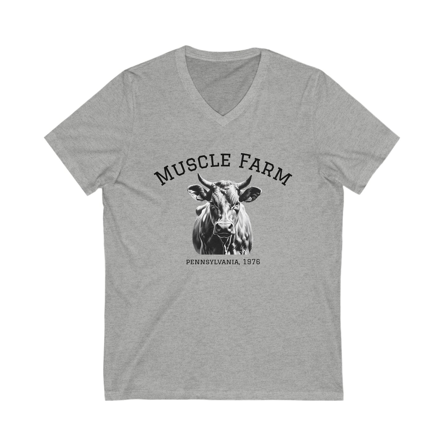 Muscle Farm Unisex V-Neck Tee | Cow Graphic Shirt, Built Not Bought Tee, Farm Life Apparel, Gift for Farmers, Rustic Casual Wear