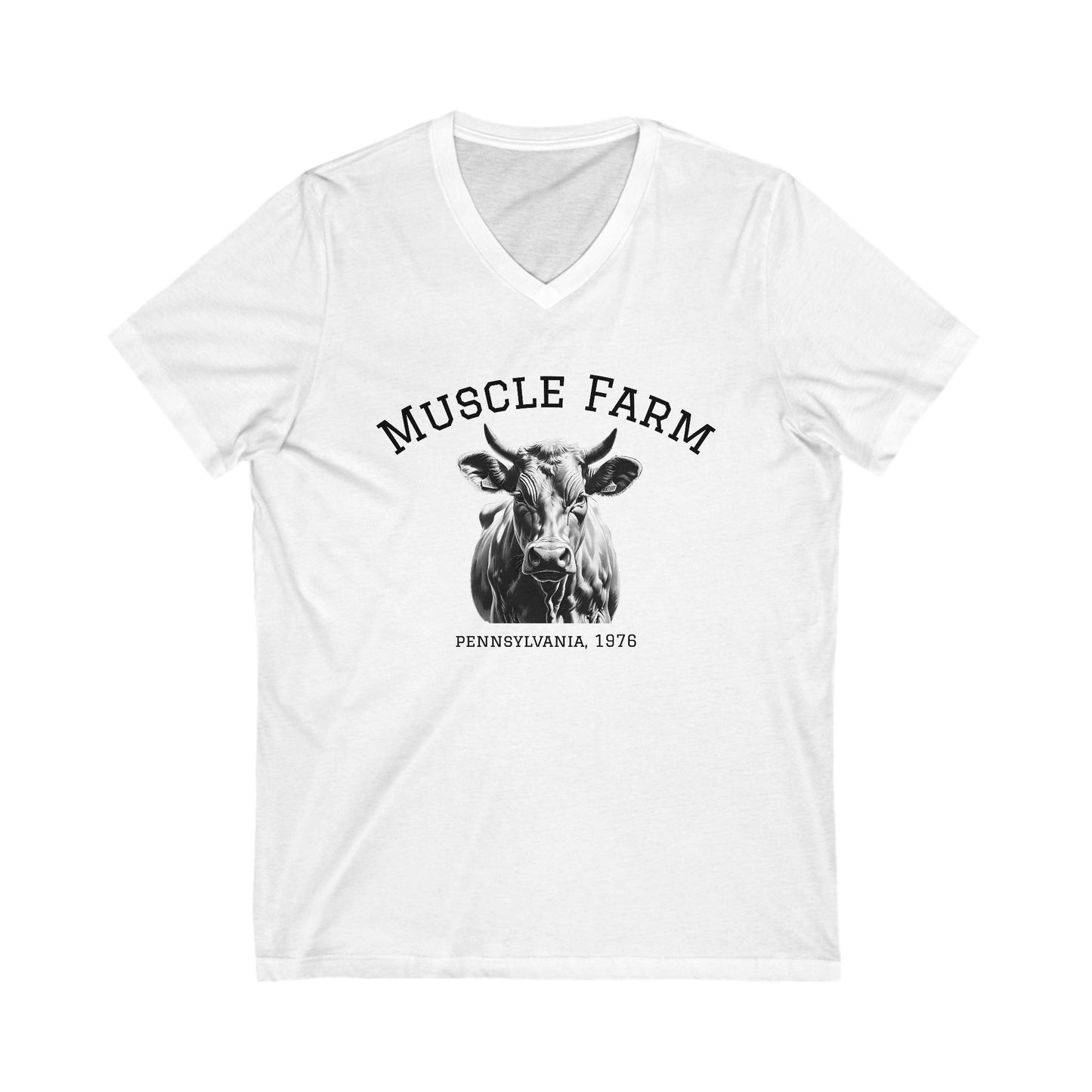 Muscle Farm Unisex V-Neck Tee | Cow Graphic Shirt, Built Not Bought Tee, Farm Life Apparel, Gift for Farmers, Rustic Casual Wear