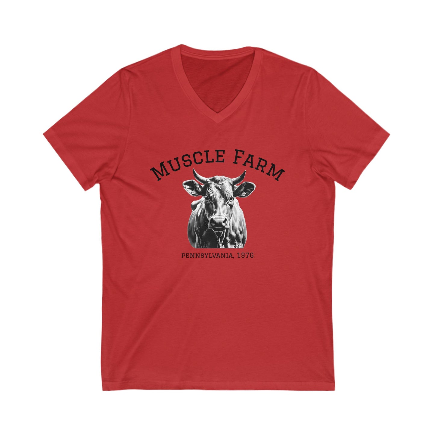 Muscle Farm Unisex V-Neck Tee | Cow Graphic Shirt, Built Not Bought Tee, Farm Life Apparel, Gift for Farmers, Rustic Casual Wear