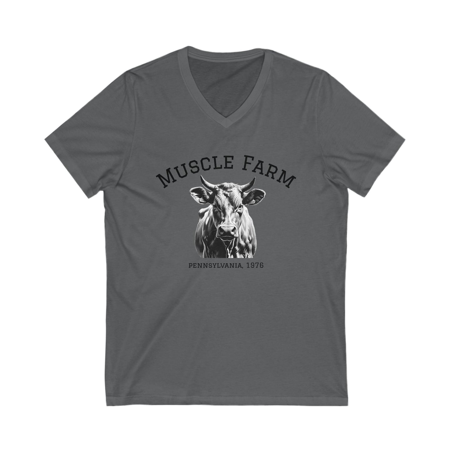 Muscle Farm Unisex V-Neck Tee | Cow Graphic Shirt, Built Not Bought Tee, Farm Life Apparel, Gift for Farmers, Rustic Casual Wear