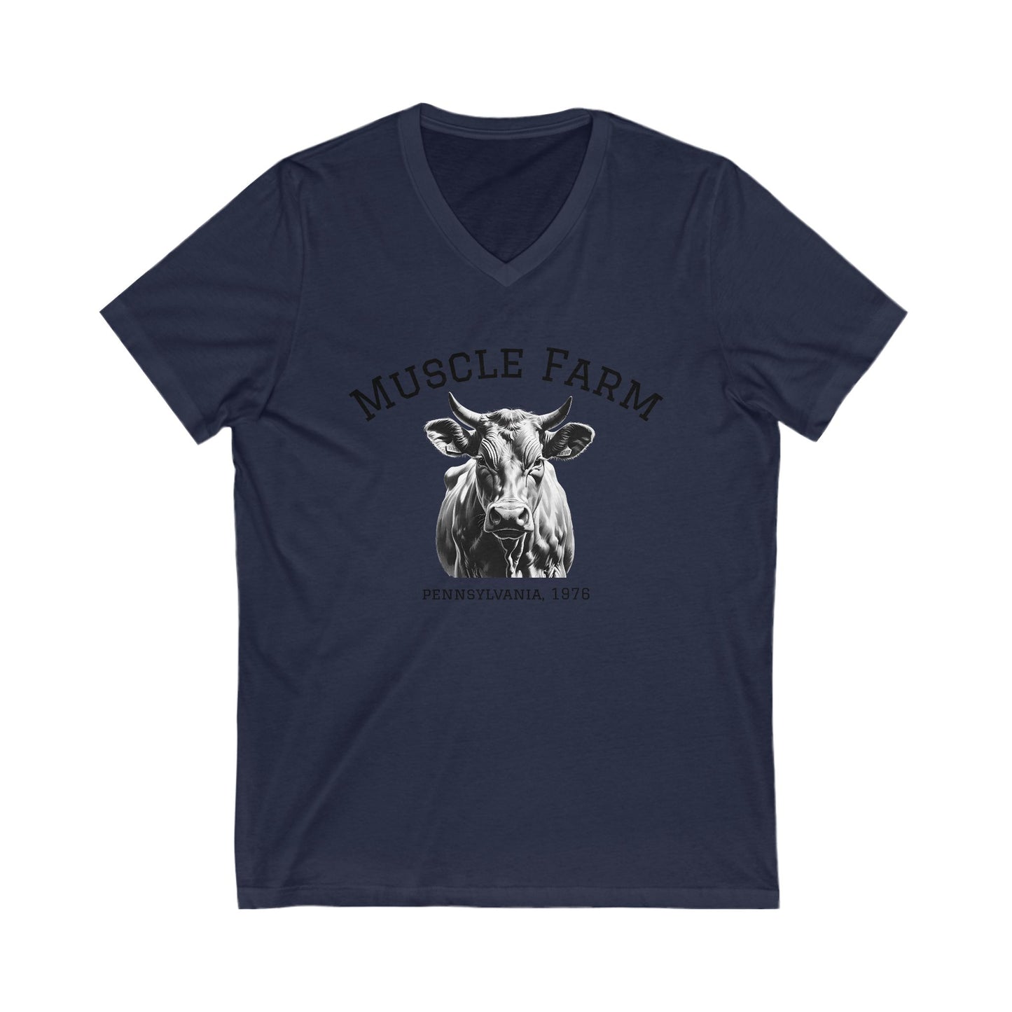 Muscle Farm Unisex V-Neck Tee | Cow Graphic Shirt, Built Not Bought Tee, Farm Life Apparel, Gift for Farmers, Rustic Casual Wear