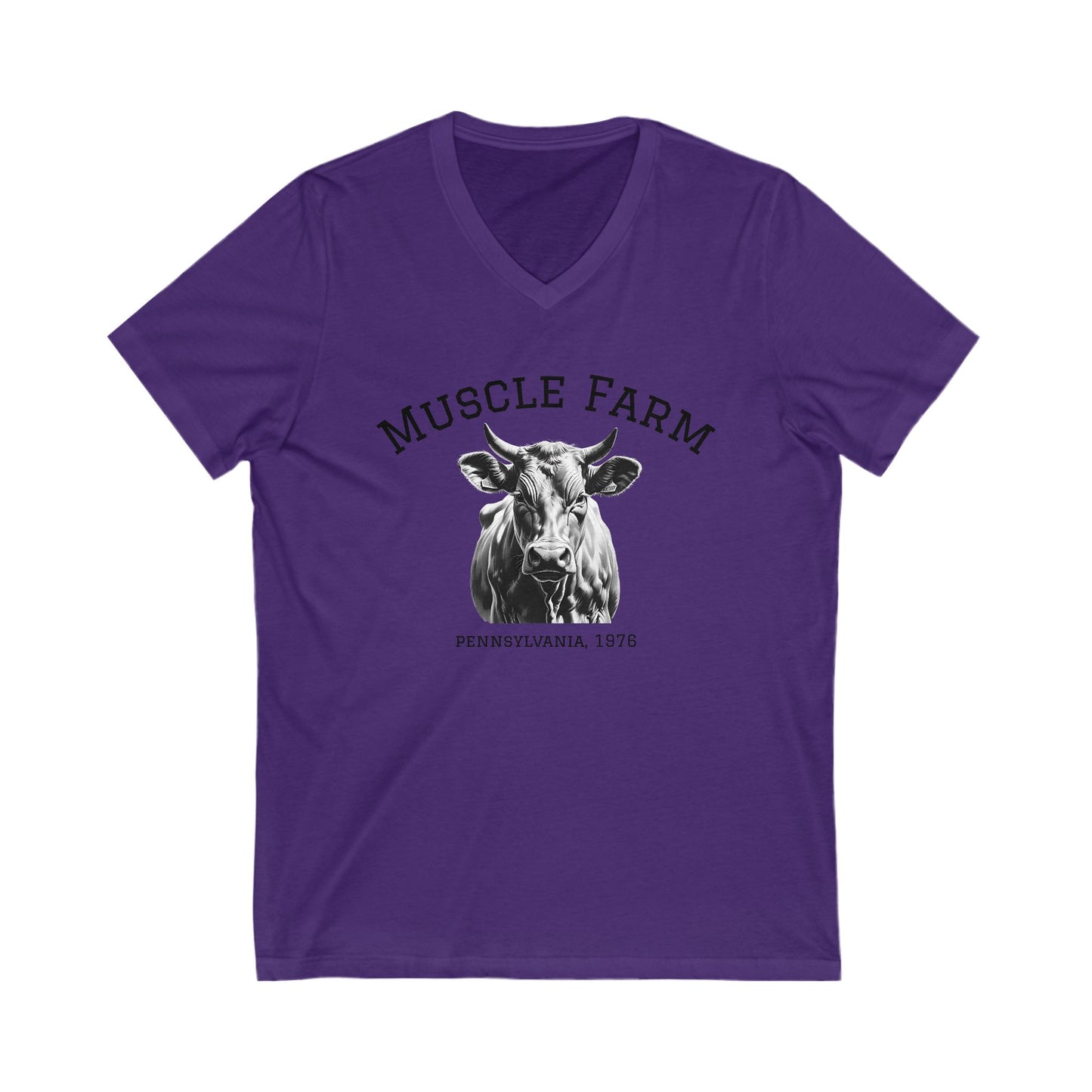 Muscle Farm Unisex V-Neck Tee | Cow Graphic Shirt, Built Not Bought Tee, Farm Life Apparel, Gift for Farmers, Rustic Casual Wear