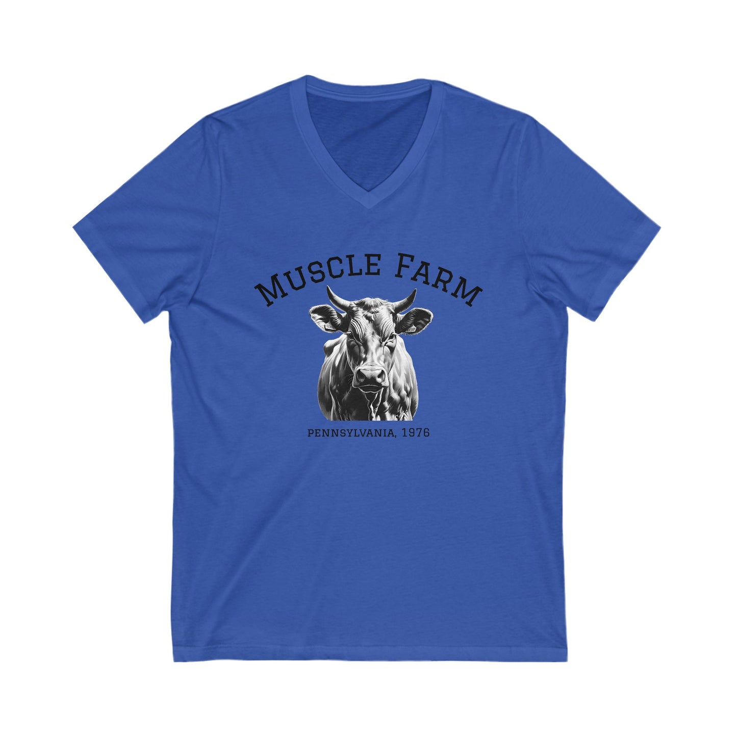 Muscle Farm Unisex V-Neck Tee | Cow Graphic Shirt, Built Not Bought Tee, Farm Life Apparel, Gift for Farmers, Rustic Casual Wear